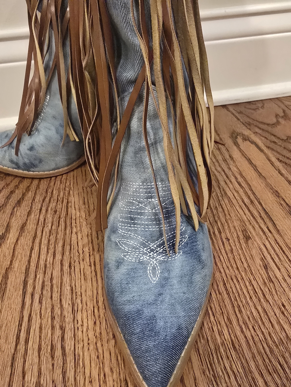 Blue Denim Fringe Western Knee Boots - Women's - Picture 6 of 11